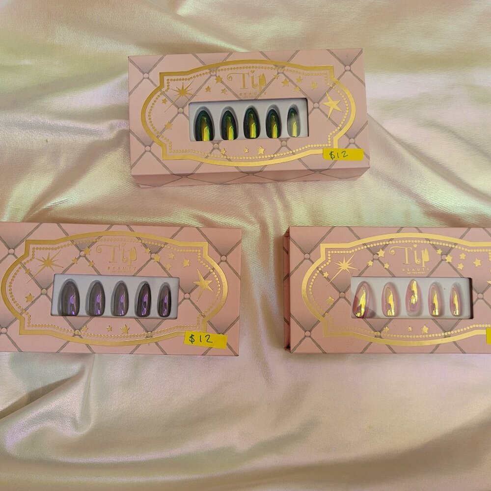 3 Sets Tip Beauty Nail art metallic chrome colorful Nails 28 Faux Nails & Glue